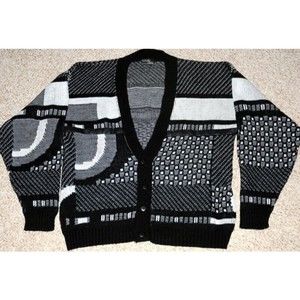 VTG 90s Windy Hill Men's Black & White Cardigan Sweater Sz L USA Made NICE
